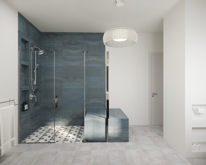 Bathroom Remodel with Blue Accent Walk In Shower Rendering thumb