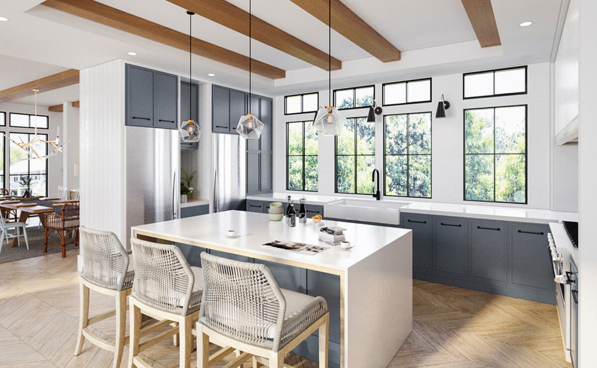 Blue & White Kitchen & Rustic Home Design Rendering