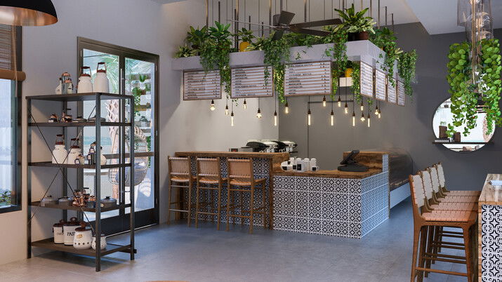 Coffee Shop With Biophilic Design Rendering thumb