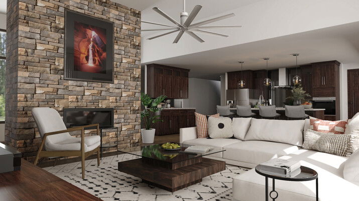 Contemporary Stone Fireplace Living Room Rendering thumb