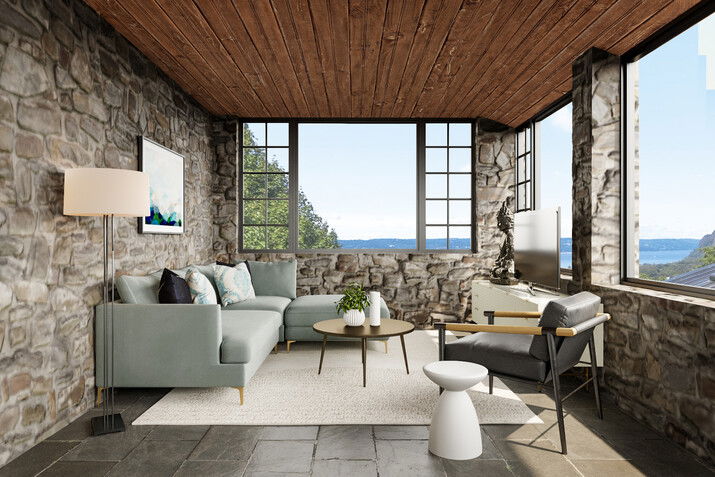 Mid Century Home with Stone Walls Sun Room Rendering thumb