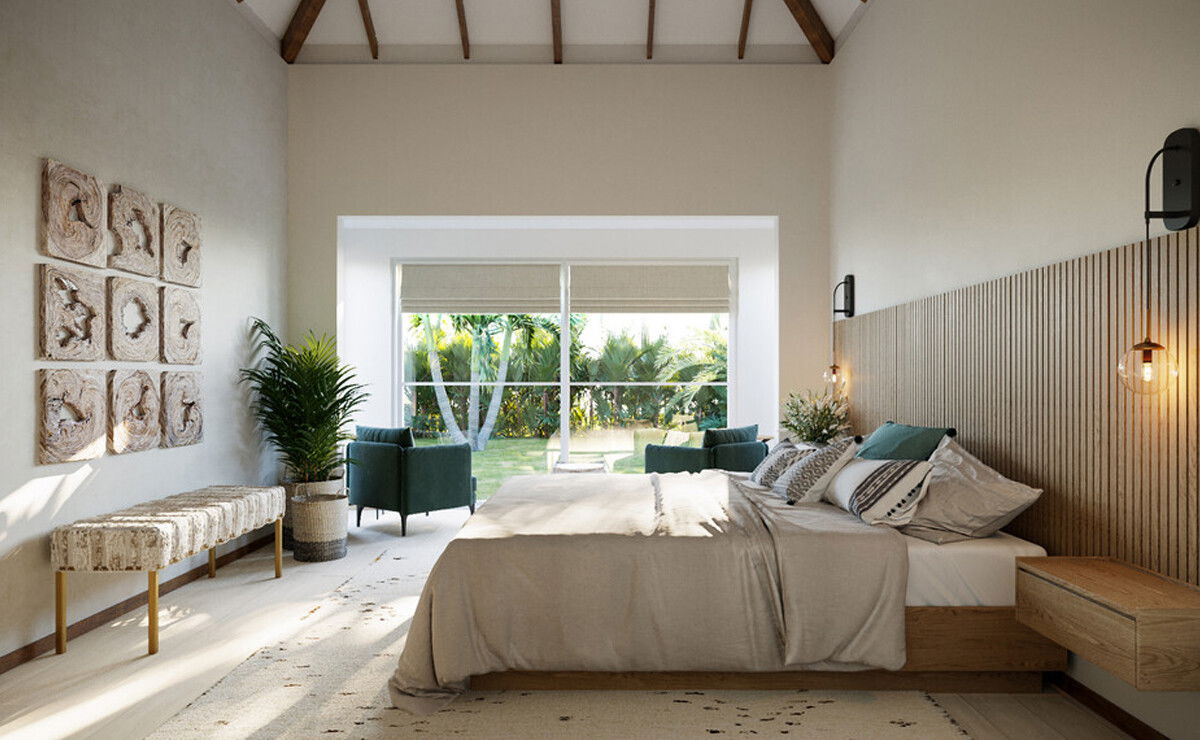 Modern Coastal Living Room and Bedroom Makeover Rendering