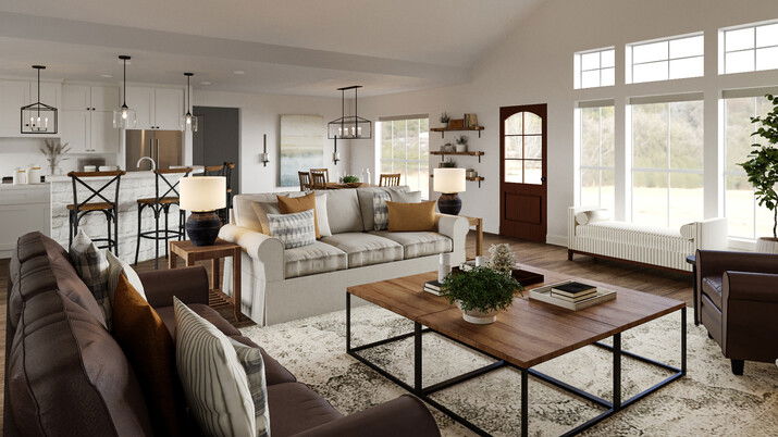 Modern Farmhouse Living & Dining Room Design Rendering thumb