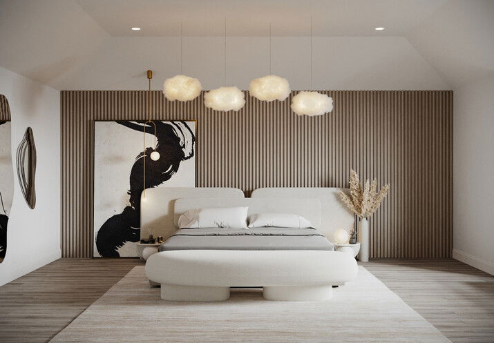 Unique and Neutral Bedroom Design Rendering thumb