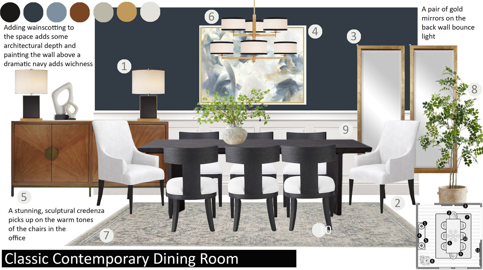 virtual interior design for a transitional dining room goes from moodboard to 3D room design